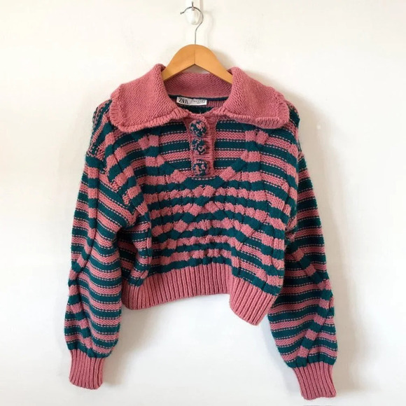 Zara Blogger Fave Striped Textured Knit Peter Pan Collared Sweater Pink & Teal M - Picture 5 of 10